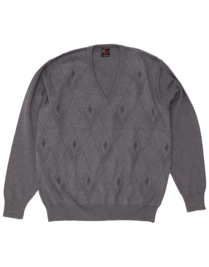 Vintage Mens V-Neck Jumper Sweater Medium Grey Argyle/Diamond Wool