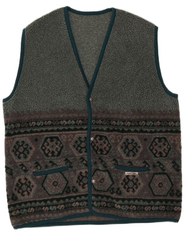 Vintage Mens Fleece Gilet UK 42 XL Grey Geometric Polyester