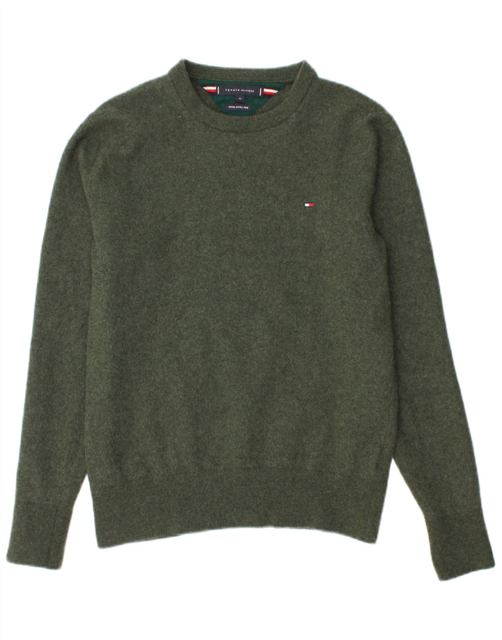 TOMMY HILFIGER Boys Crew Neck Jumper Sweater 13-14 Years XL Green Wool