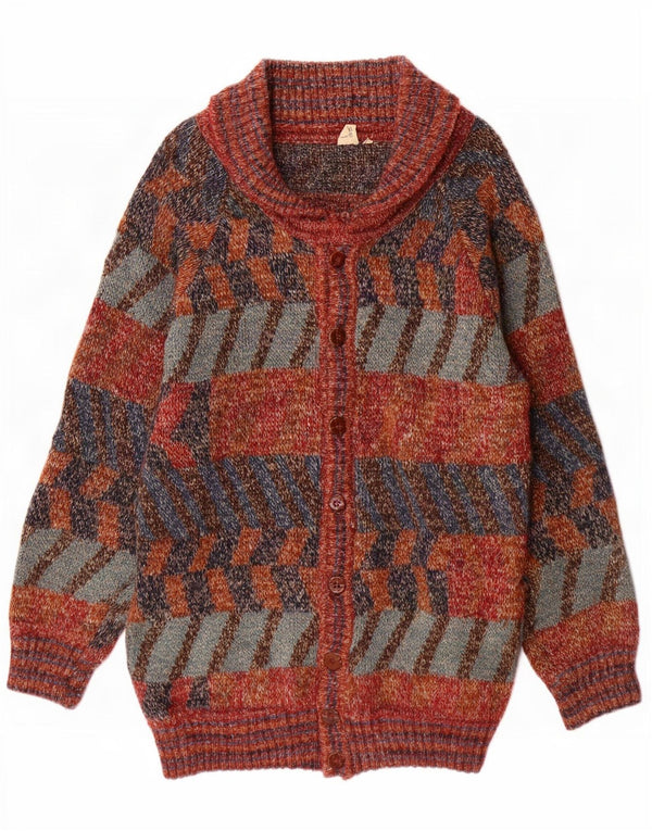 Vintage Mens Longline Cardigan Sweater Large Multicoloured Geometric Wool