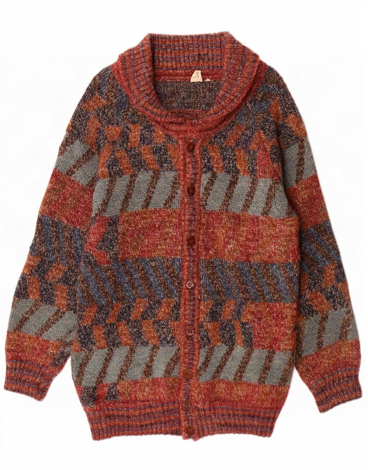 Vintage Mens Longline Cardigan Sweater Large Multicoloured Geometric Wool