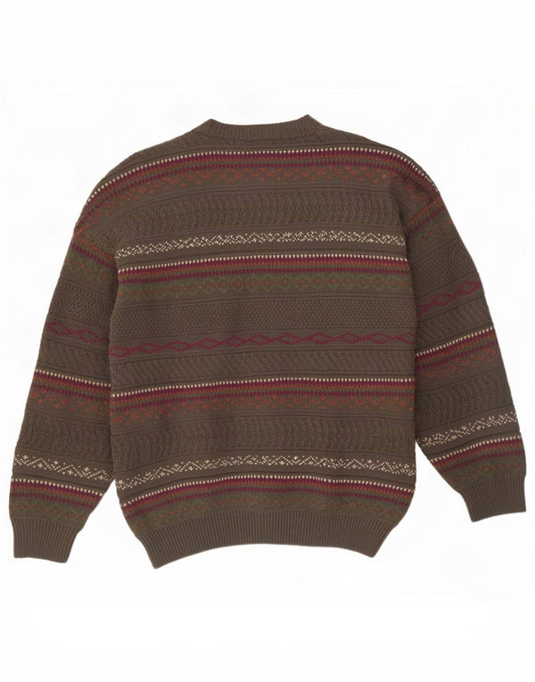 Vintage Mens Crew Neck Jumper Sweater XL Brown Fair Isle Acrylic