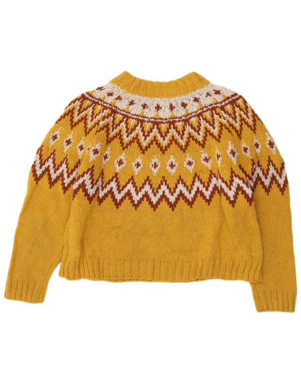 Topshop Womens Crop Crew Neck Jumper Sweater UK 14 Large Yellow Fair Isle