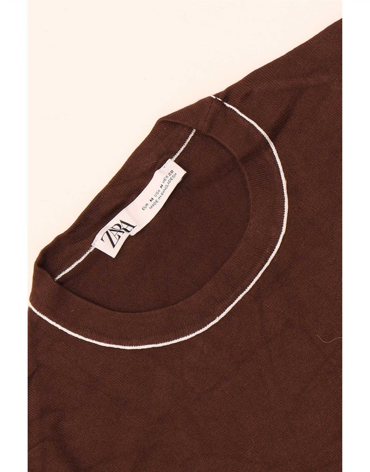 Zara Womens Short Sleeve Crew Neck Jumper Sweater UK 12 Medium Brown
