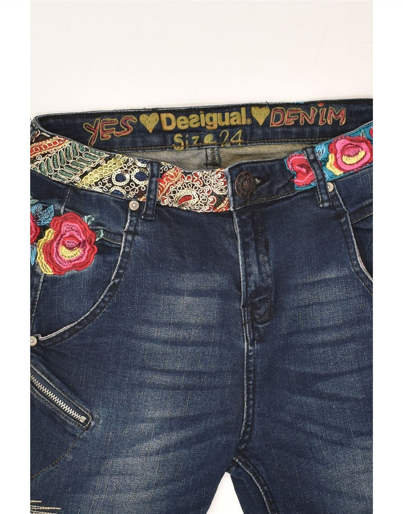 DESIGUAL Womens Graphic Banana Slim Jeans W24 L25 Blue Floral Cotton | Vintage Desigual | Thrift | Second-Hand Desigual | Used Clothing | Messina Hembry 