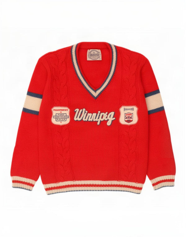 Foxhound Mens Graphic V-Neck Jumper Sweater Medium Red Colourblock