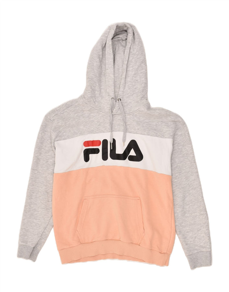 FILA Womens Graphic Hoodie Jumper UK 14 Large Grey Colourblock | Vintage Fila | Thrift | Second-Hand Fila | Used Clothing | Messina Hembry 