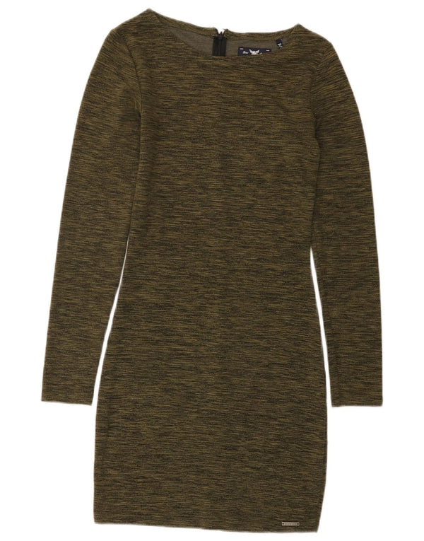 Superdry Womens Long Sleeve Sheath Dress UK 4 XS Khaki Flecked Viscose