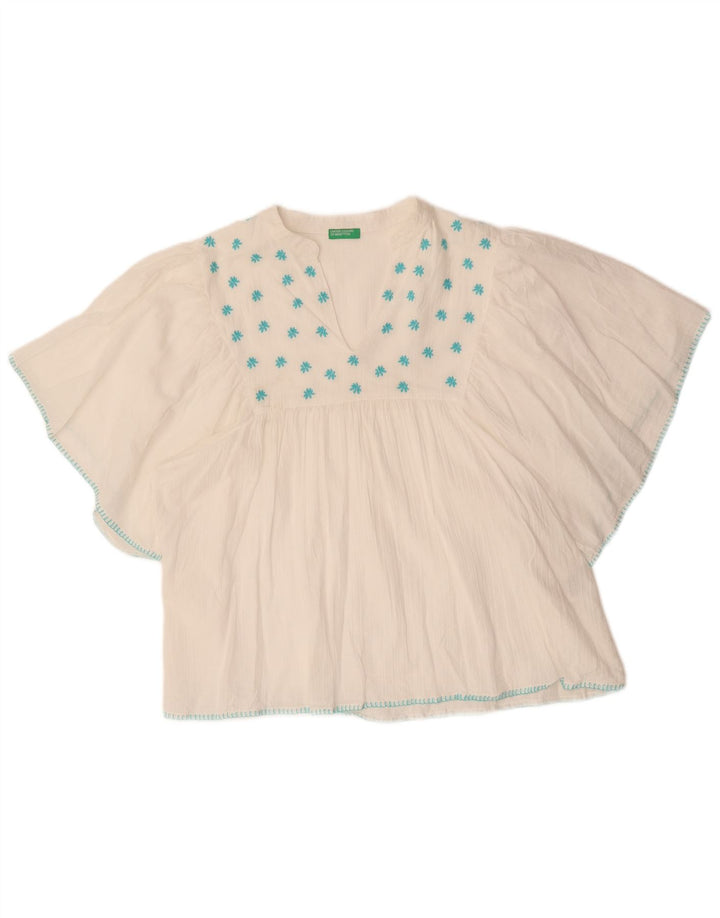 Benetton Womens Batwing Blouse Top UK 14 Medium White Floral Cotton