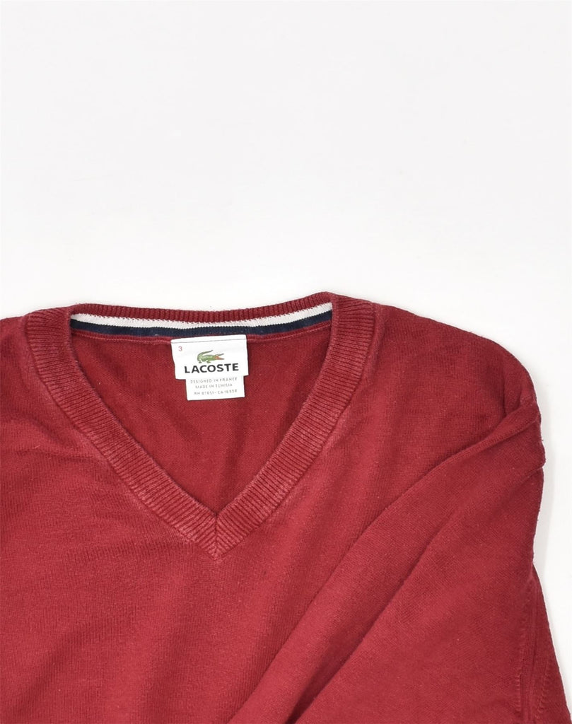 LACOSTE Mens V-Neck Jumper Sweater Size 3 Small Maroon Cotton | Vintage Lacoste | Thrift | Second-Hand Lacoste | Used Clothing | Messina Hembry 