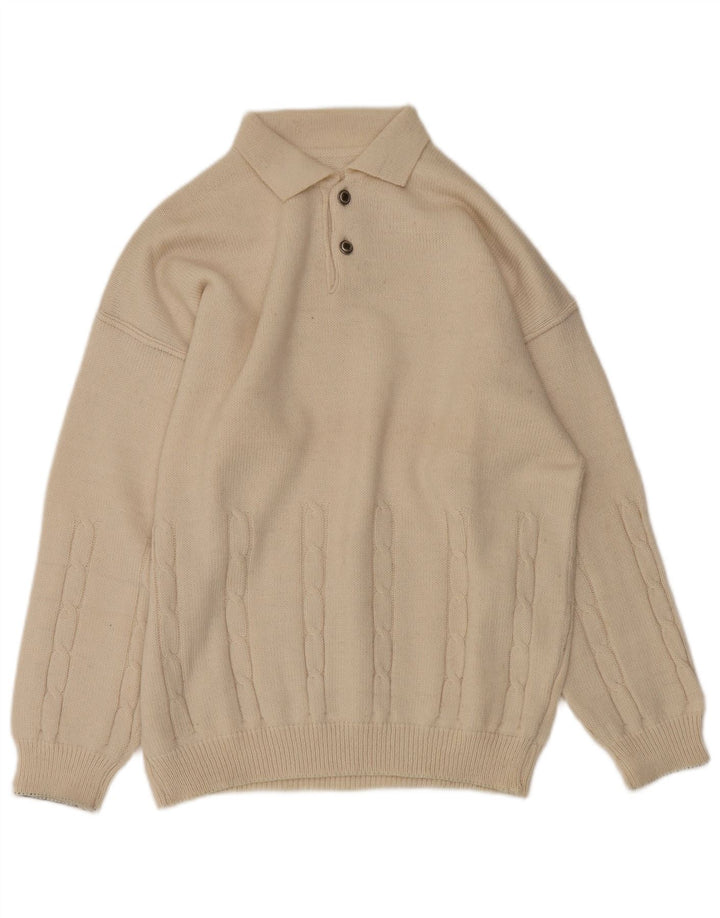VINTAGE Mens Polo Neck Jumper Sweater Large Off White Wool