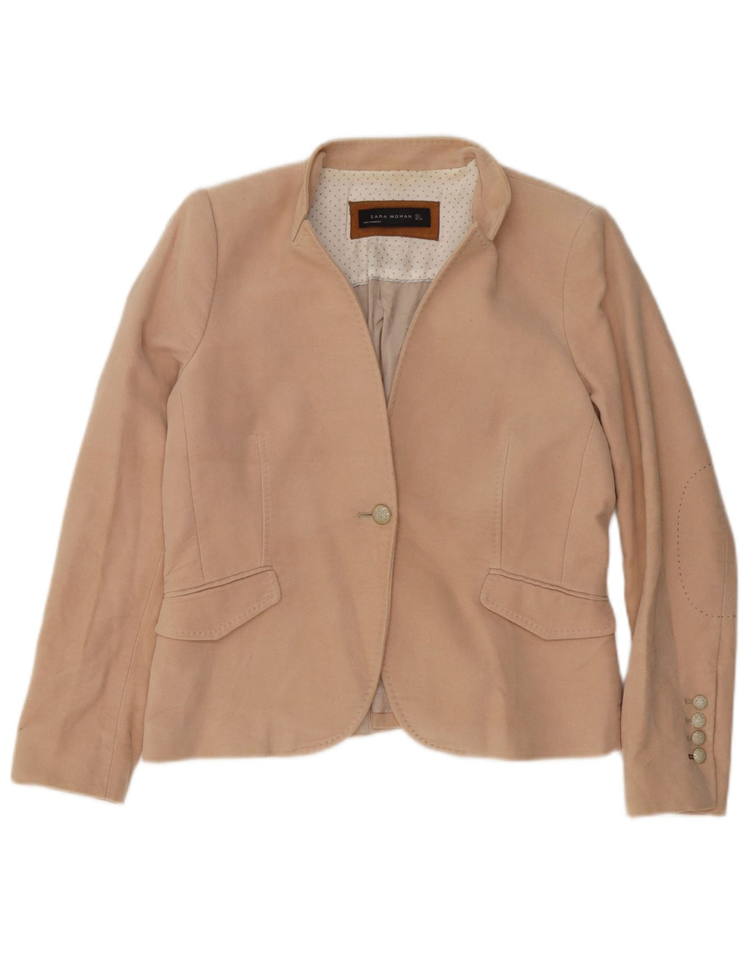 Zara Womens 1 Button Blazer Jacket UK 14 Large Beige Cotton