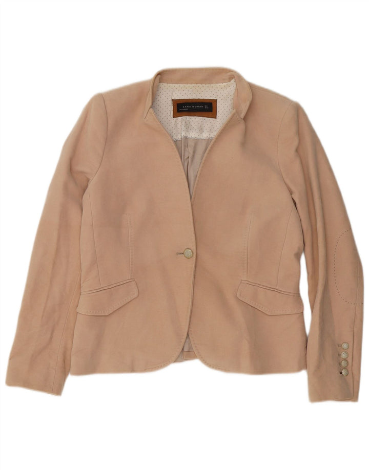Zara Womens 1 Button Blazer Jacket UK 14 Large Beige Cotton
