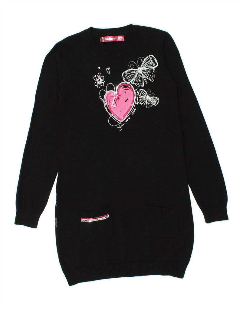 DESIGUAL Girls Graphic Sweatshirt Jumper Dress 13-14 Years Black Cotton Vintage Desigual and Second-Hand Desigual from Messina Hembry 