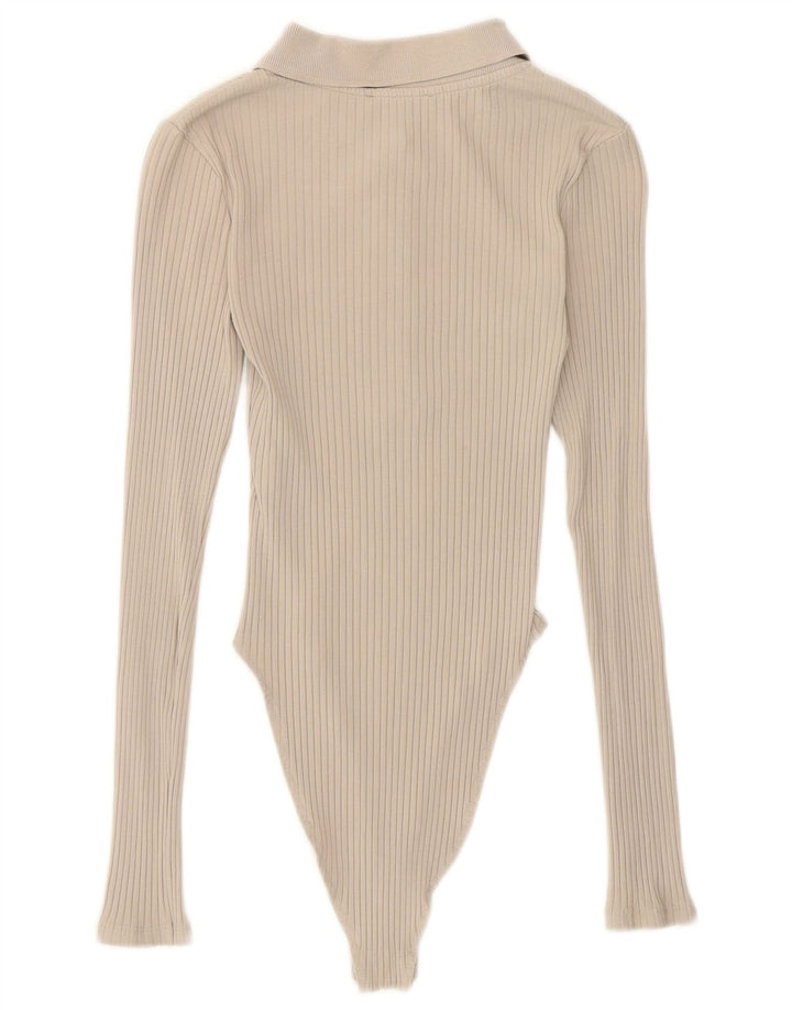 Zara Womens Long Sleeve Bodysuit UK 8 Small Beige Cotton
