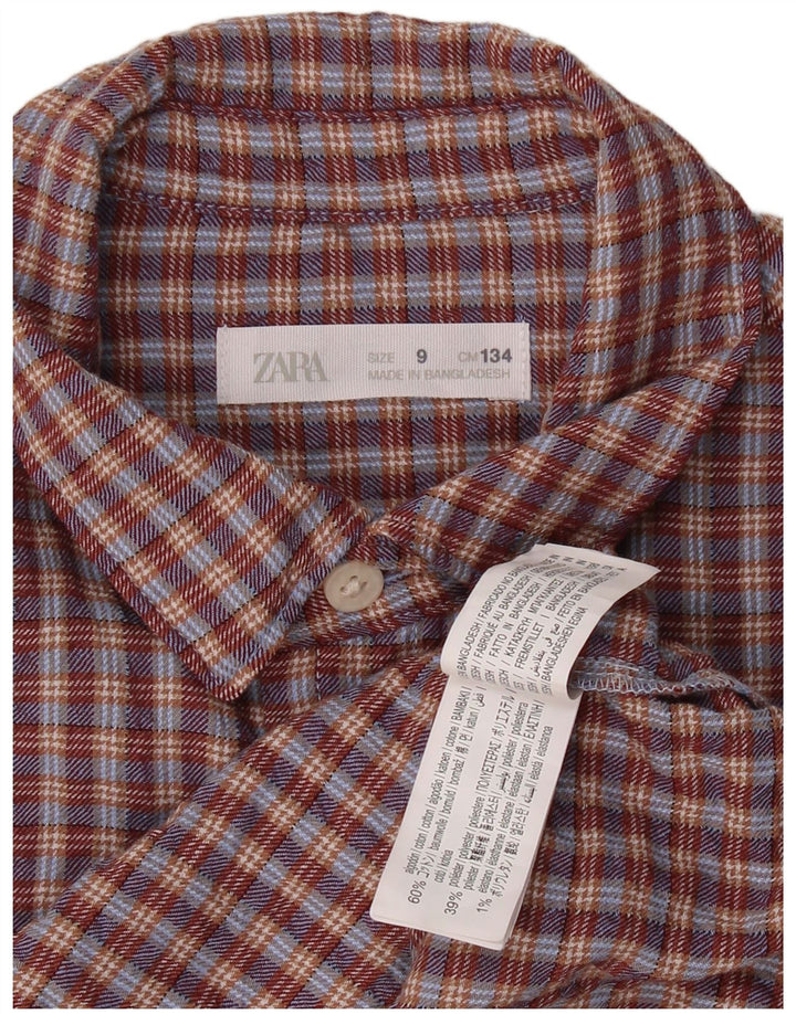 ZARA Boys Flannel Shirt 8-9 Years Burgundy Check Cotton
