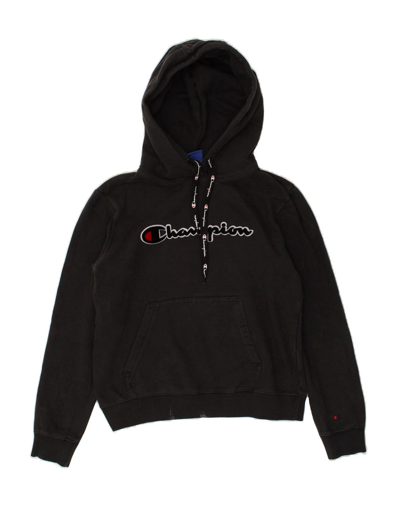 CHAMPION Womens Graphic Hoodie Jumper UK 14 Medium Black Cotton | Vintage Champion | Thrift | Second-Hand Champion | Used Clothing | Messina Hembry 