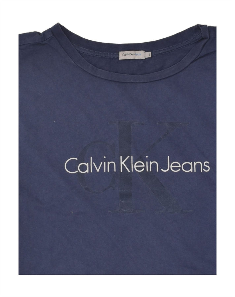 CALVIN KLEIN JEANS Womens Crop Graphic T-Shirt Top UK 10 Small Navy Blue | Vintage Calvin Klein Jeans | Thrift | Second-Hand Calvin Klein Jeans | Used Clothing | Messina Hembry 