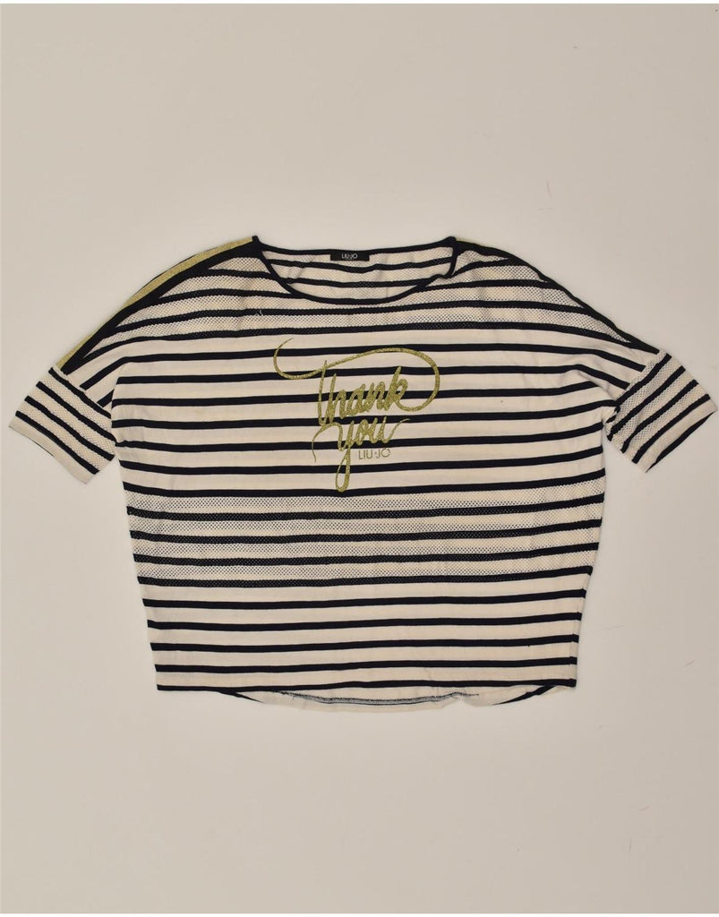 LIU JO Womens Graphic T-Shirt Top UK 18 XL Off White Striped | Vintage Liu Jo | Thrift | Second-Hand Liu Jo | Used Clothing | Messina Hembry 
