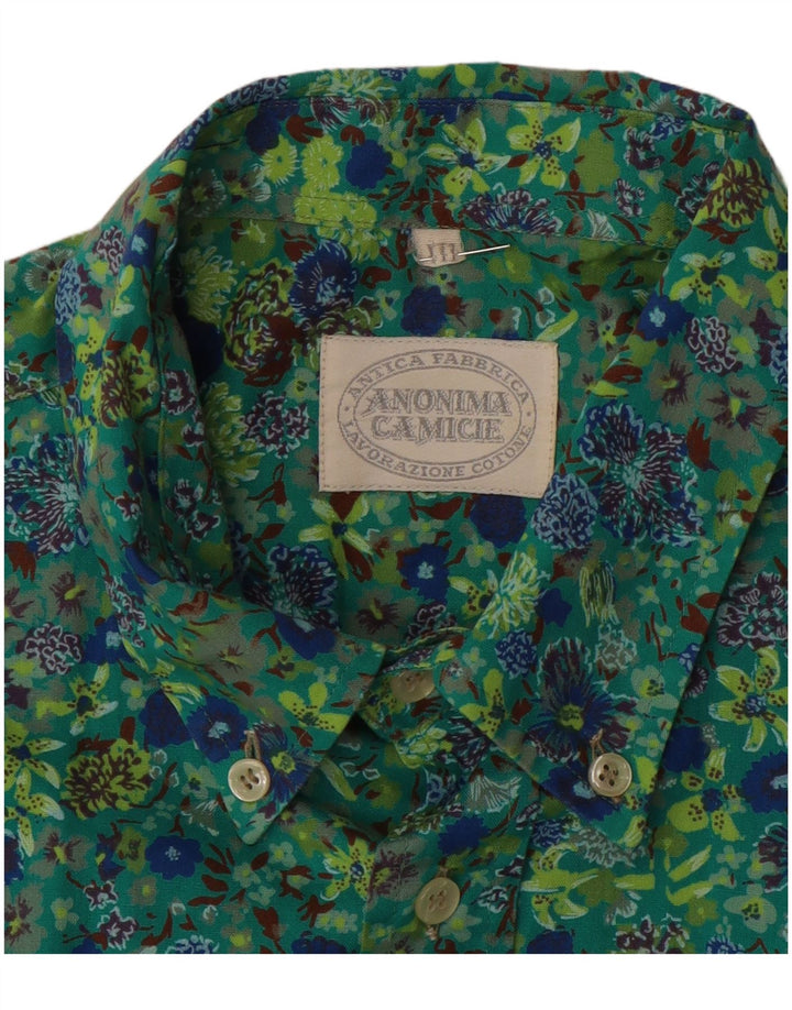 ANONIMA CAMICIE Mens Short Sleeve Shirt Medium Green Floral Cotton