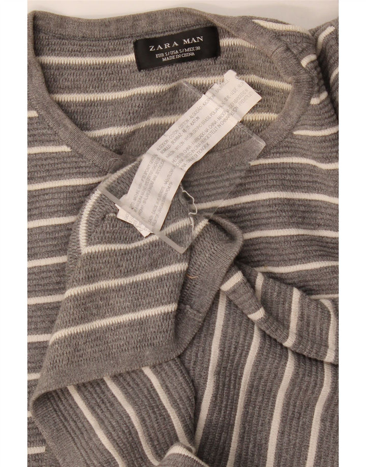 Zara Mens Top Long Sleeve Small Grey Striped Cotton