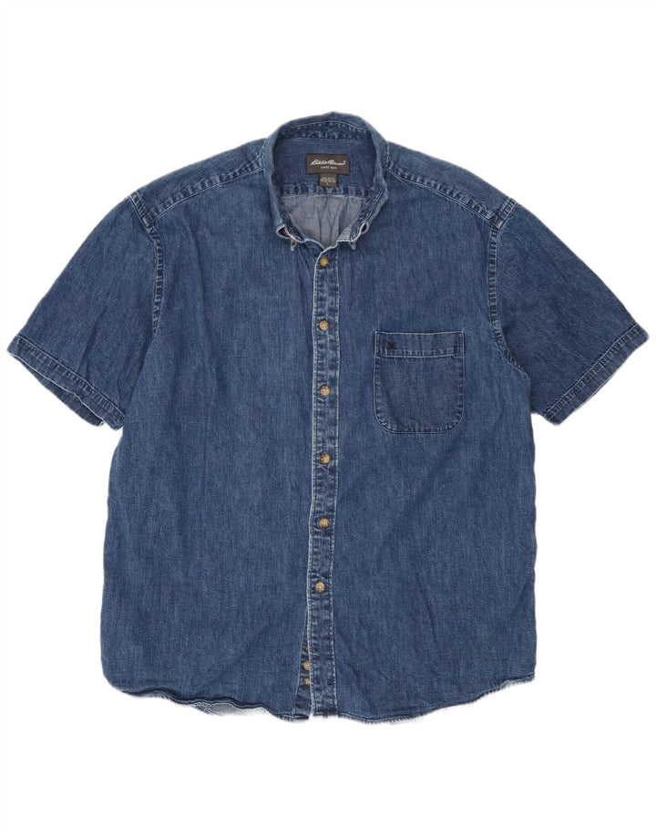 Eddie Bauer Mens Short Sleeve Denim Shirt Large Blue Cotton