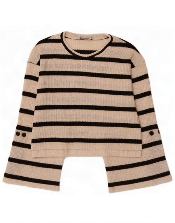 Zara Womens Crop Boat Neck Jumper Sweater UK 10 Small White Striped