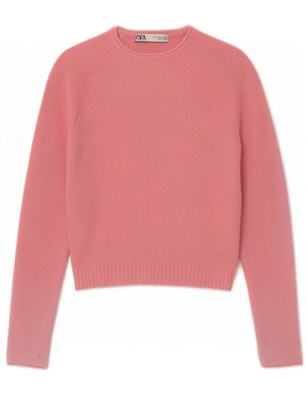 Zara Womens Crop Crew Neck Jumper Sweater UK 8 Small Pink Nylon