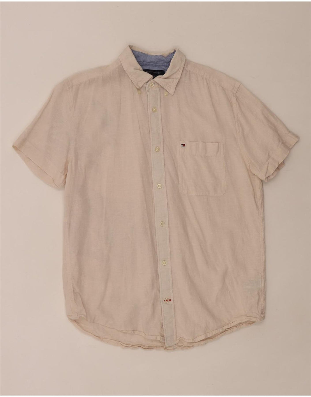 Tommy Hilfiger Mens Short Sleeve Regular Fit Shirt Large Beige Linen