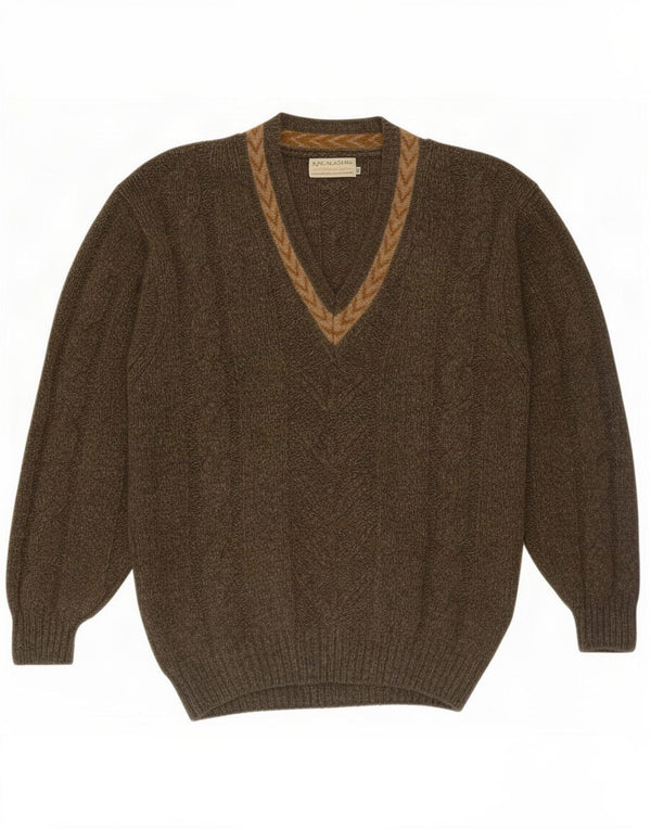 Macalastair Mens V-Neck Jumper Sweater UK 42 Large Khaki Geometric