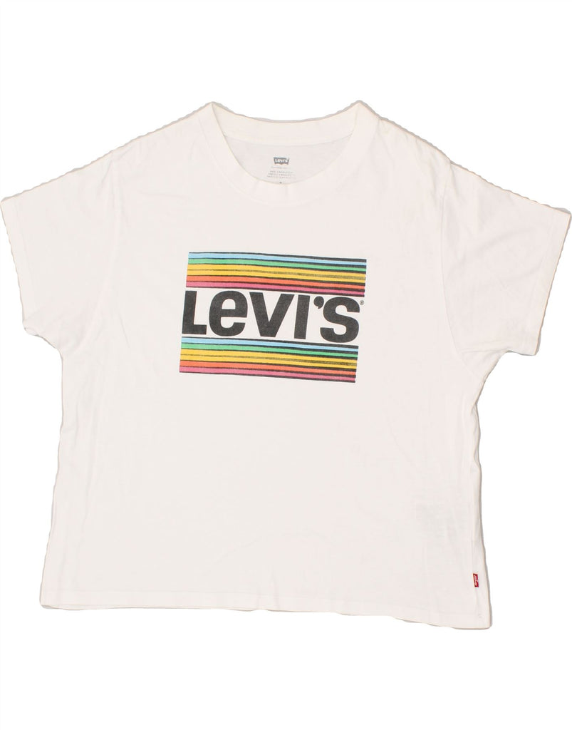 LEVI'S Womens Crop Graphic T-Shirt Top UK 14 Medium White Cotton | Vintage Levi's | Thrift | Second-Hand Levi's | Used Clothing | Messina Hembry 