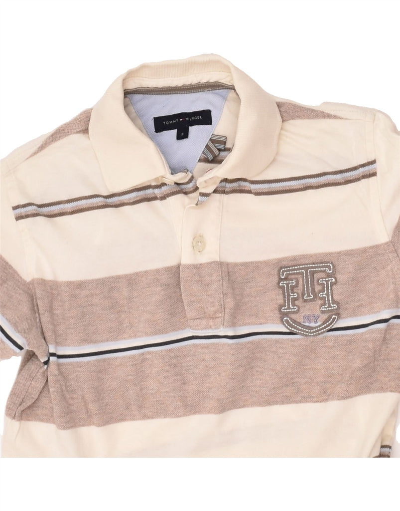 TOMMY HILFIGER Boys Long Sleeve Polo Shirt 7-8 Years Beige Striped Cotton | Vintage Tommy Hilfiger | Thrift | Second-Hand Tommy Hilfiger | Used Clothing | Messina Hembry 