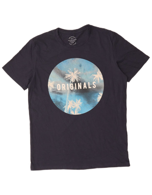 Jack & Jones Mens Graphic T-Shirt Top Large Navy Blue Cotton
