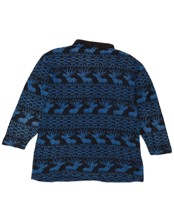 Vintage Womens Polo Neck Jumper Sweater UK 14 Large Navy Blue Fair Isle