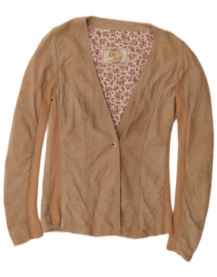 Trademark Womens 1 Button Suede Blazer Jacket UK 10 Small Beige Colourblock
