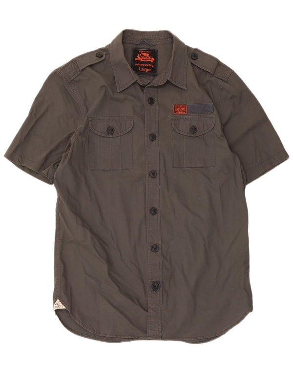 Superdry Mens Short Sleeve Military Shirt Large Grey Cotton