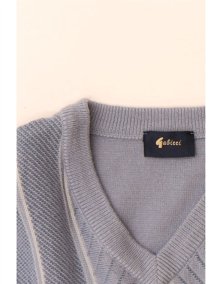 Gabicci Mens V-Neck Jumper Sweater Medium Blue Striped Wool