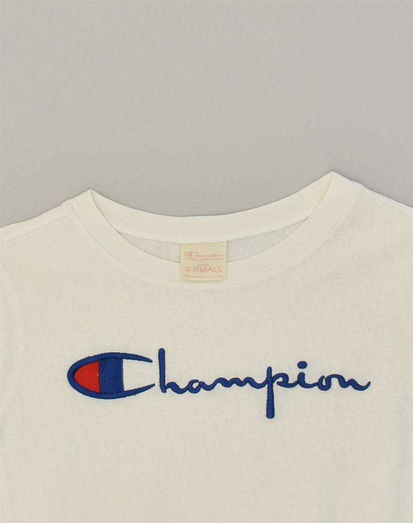 CHAMPION Womens Graphic T-Shirt Top UK  6 XS White Cotton | Vintage Champion | Thrift | Second-Hand Champion | Used Clothing | Messina Hembry 