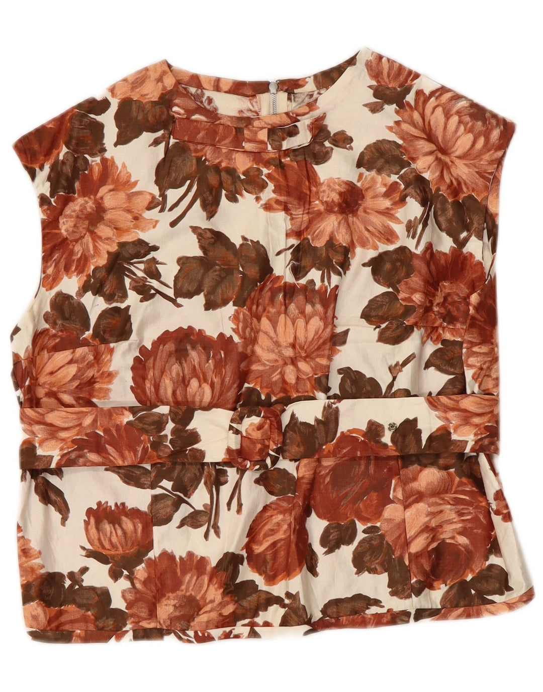 VINTAGE Womens Crop Sleeveless Blouse Top UK 14 Medium Brown Floral