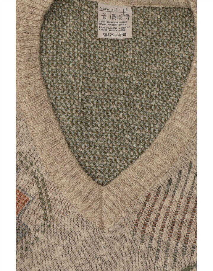 VINTAGE Mens V-Neck Jumper Sweater IT 48/50 Medium Grey Geometric Cotton Vintage Vintage and Second-Hand Vintage from Messina Hembry 
