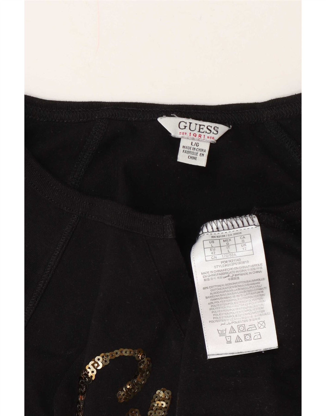 Guess Womens Graphic Top Long Sleeve UK 12 Medium Black Cotton