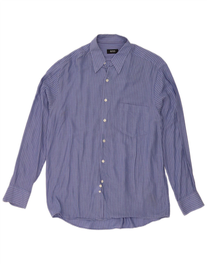 Hugo Boss Mens Shirt Size 40 Medium Blue Striped Cotton Classic