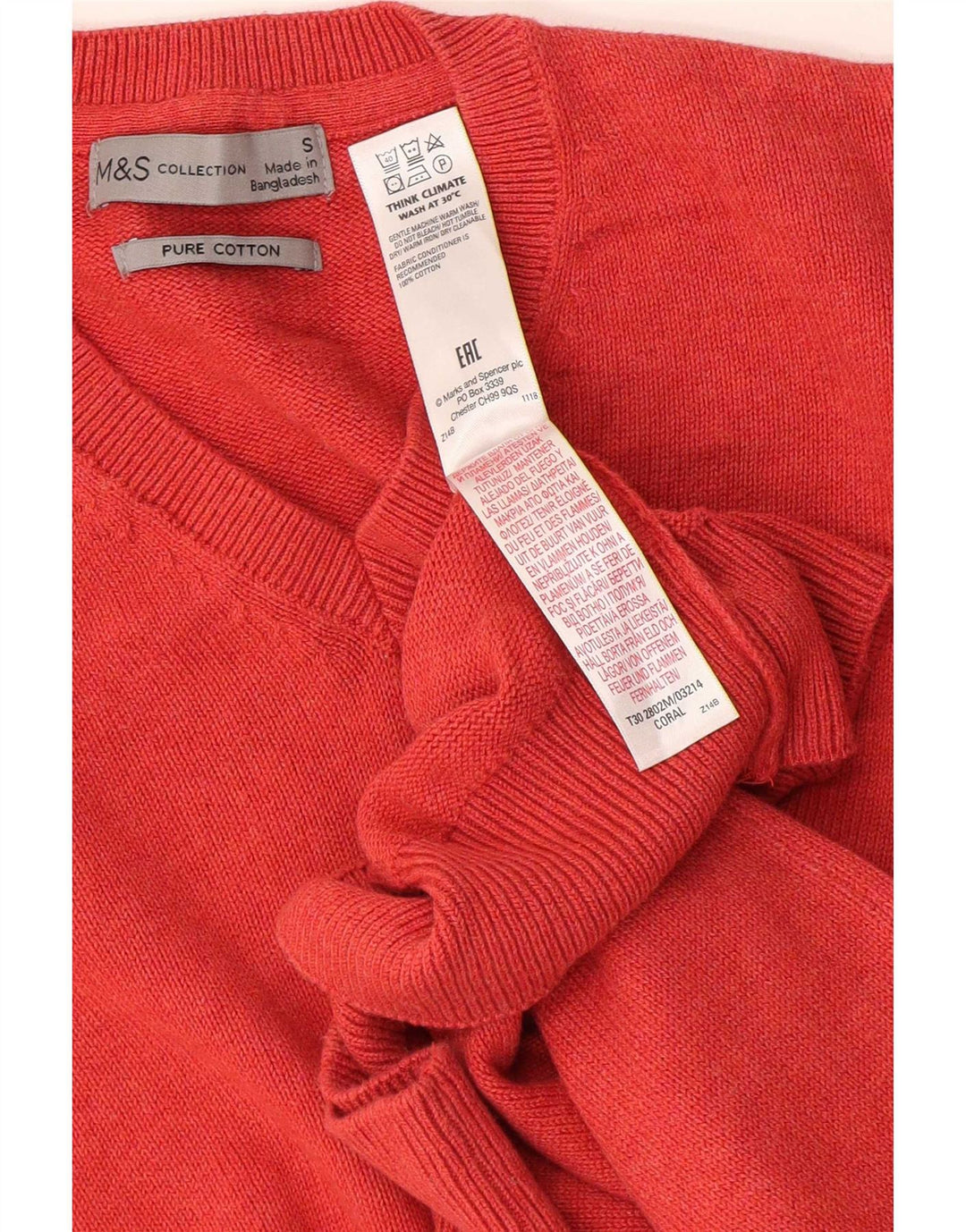 Marks & Spencer Mens V-Neck Jumper Sweater Small Orange Cotton