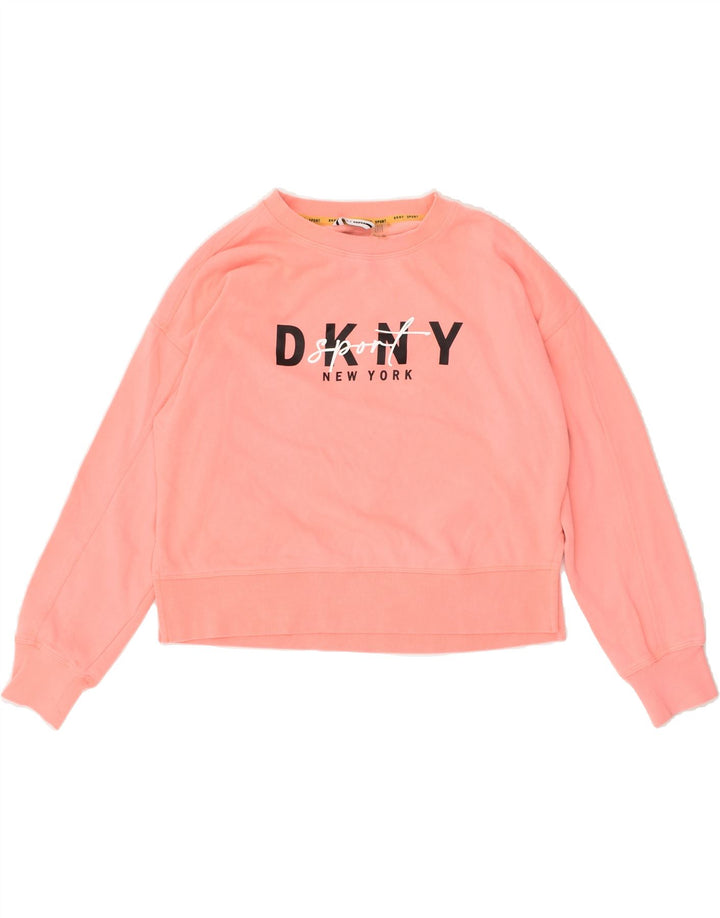 DKNY Womens Oversized Crop Graphic Sweatshirt Jumper UK 8 Small Pink | Vintage Dkny | Thrift | Second-Hand Dkny | Used Clothing | Messina Hembry 