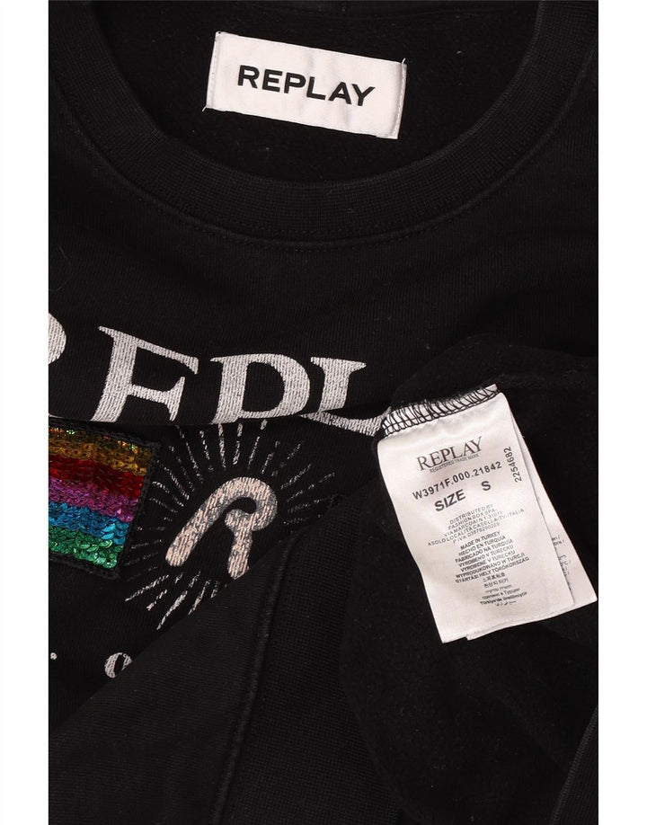 Replay Womens Graphic Oversized Sweatshirt Jumper UK 10 Small Black Cotton