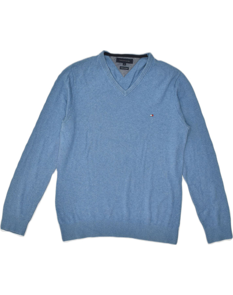 TOMMY HILFIGER Mens V-Neck Jumper Sweater Medium Blue Cotton | Vintage Tommy Hilfiger | Thrift | Second-Hand Tommy Hilfiger | Used Clothing | Messina Hembry 