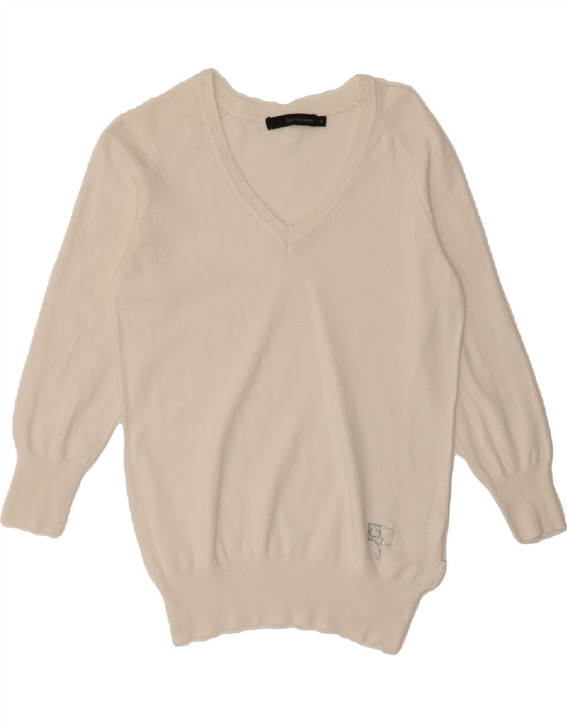 CALVIN KLEIN JEANS Womens V-Neck Jumper Sweater UK 12 Medium White Vintage Calvin Klein Jeans and Second-Hand Calvin Klein Jeans from Messina Hembry 