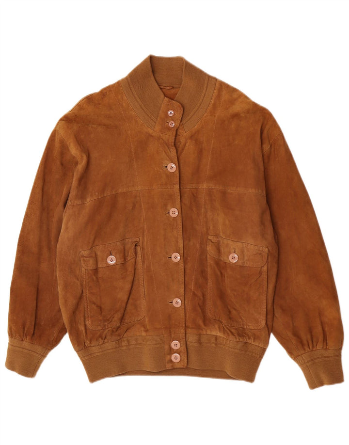 Vintage Womens Suede Bomber Jacket EU 38 Medium Brown Retro