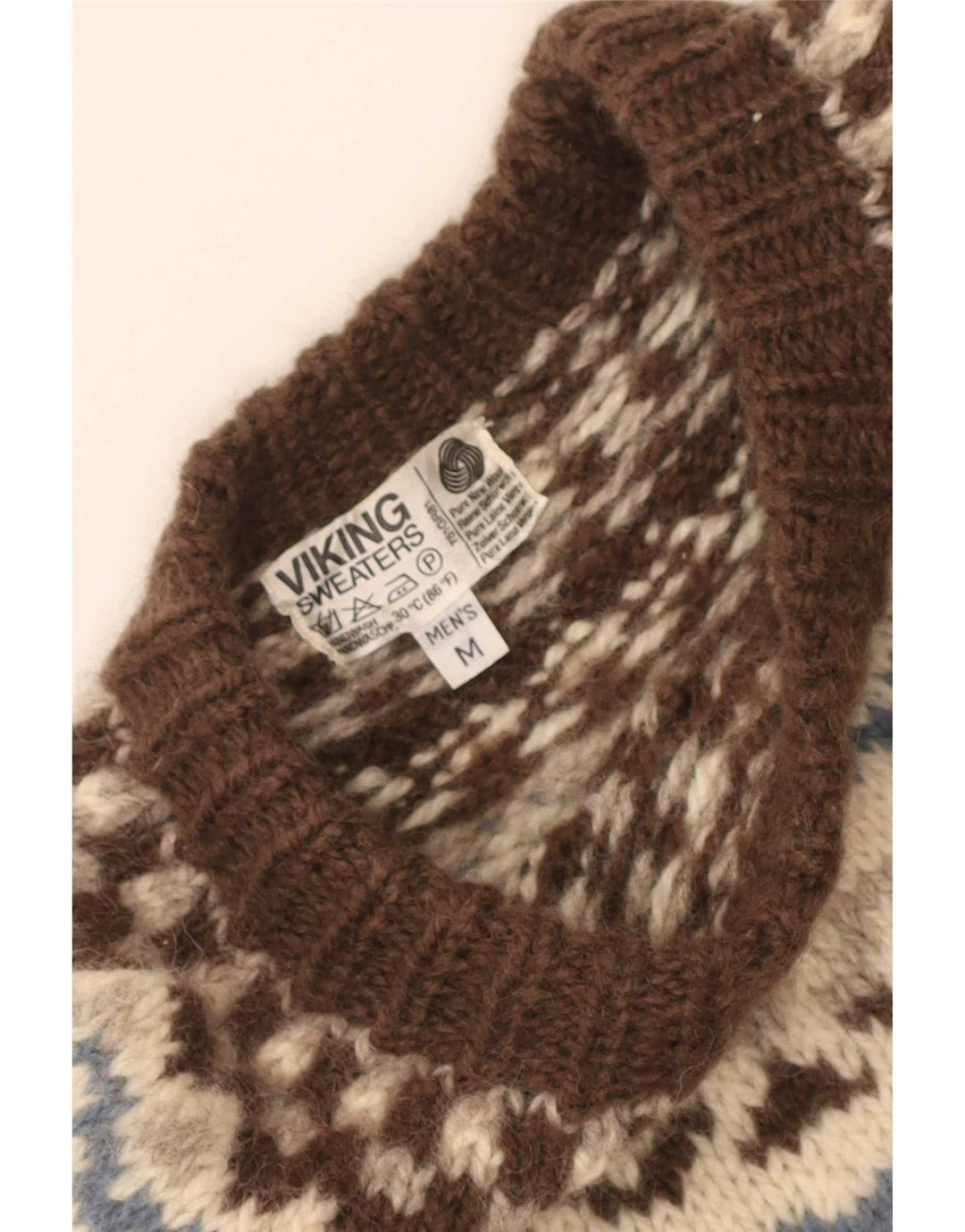 Viking Mens Boat Neck Jumper Sweater Medium Brown Fair Isle New Wool