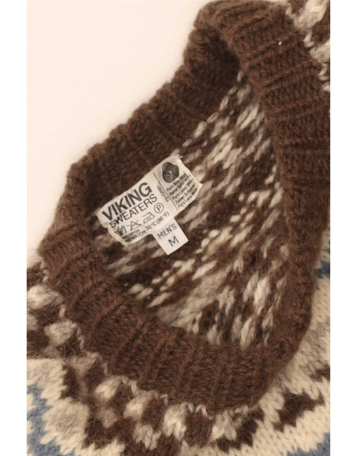 Viking Mens Boat Neck Jumper Sweater Medium Brown Fair Isle New Wool